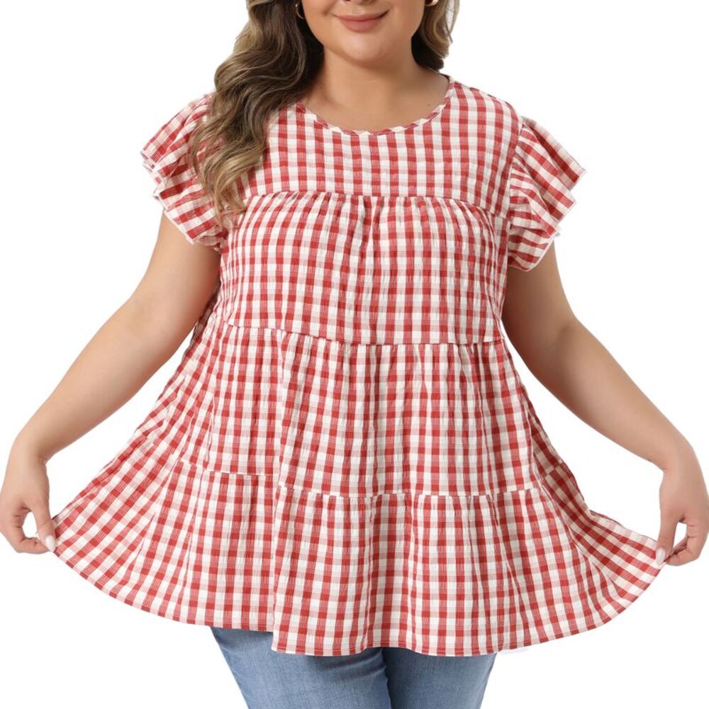 Women Plus Size Gingham Babydoll Blouse Summer Tops Red